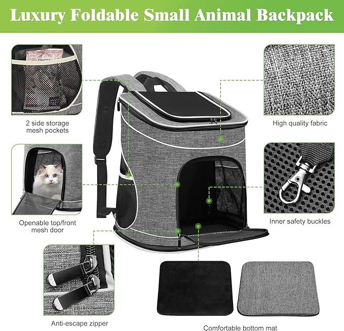 HiCaptain Pet Carrier Backpack for Small Dogs and Cats, Foldable Cat Carrier Backpack with Safety Lock Zipper and Breathable Mesh for Hiking Camping Travel Outdoor Use-Hold Pets Up to 17 Lbs