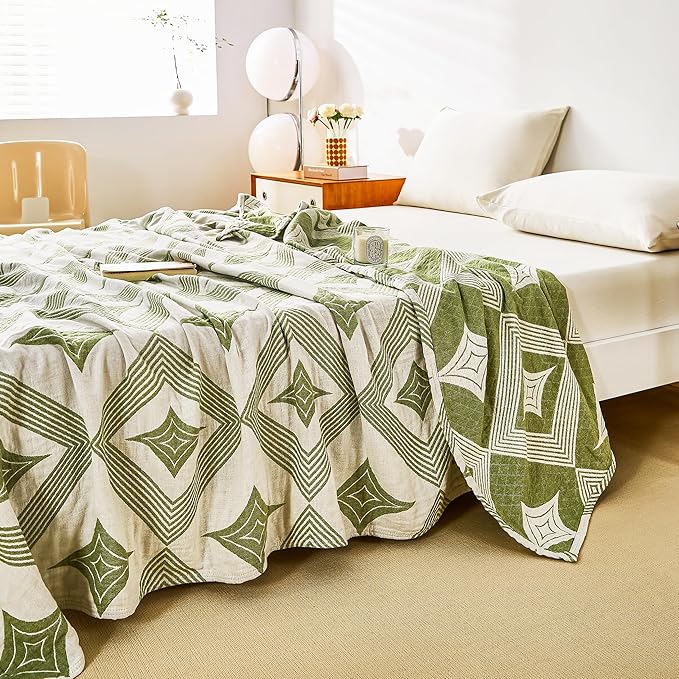 MEJU Diamond Green Modern Checks Fashion Stripe All Season Blanket Decorative for Bed Sofa Couch 100% Cotton 3 Layer Soft Warm Reversible Bedspread Throw Blanket Bed Coverlet Sheet F/Q 80 in x 90 in