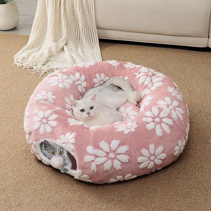 Cat Tunnel for Indoor Cats, Cute Peekaboo Cat Cave Play Tunnel with Dangling Balls, Pet Donut Tunnel Bed with Circle Mat for Cat Puppy Kitten Rabbit, Pink
