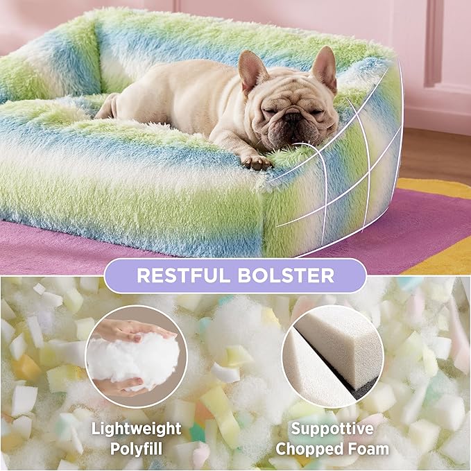 Lesure Dog Bed Medium Size - Cute Furry Calming Puppy Beds, Rectangle Washable Indoor Pet Beds with Removable Zipper Cover, 35x25x11inches, Green Stripe