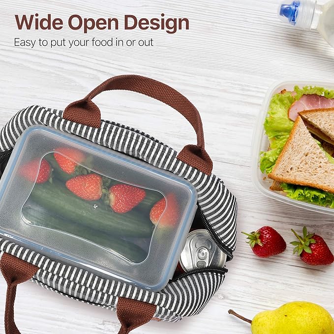 Bagseri Insulated Lunch Bag Women - Lunch Bag for Women Men Reusable Lunch Box Leakproof Thermal Cooler Sack Food Handbags Case High Capacity for Work and Picnic (Black White Stripe)