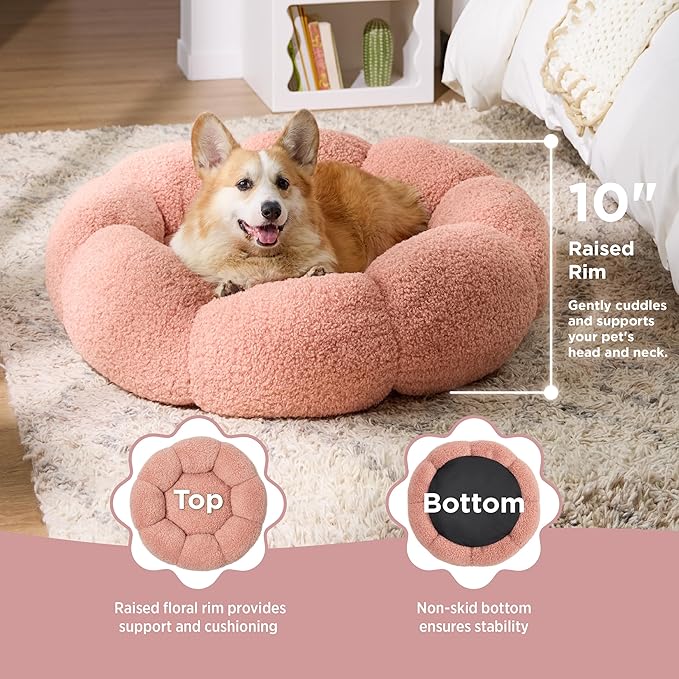 Lesure Calming Large Dog Bed - Flower Donut Round Fluffy Puppy Bed in Plush Teddy Sherpa, Non-Slip Cute Flower Dog Beds, Large Pet Bed Fits up to 100 lbs, Machine Washable, Pink 36"