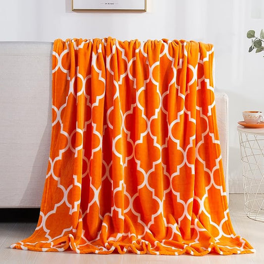 Elegant Comfort Luxury Velvet Super Soft Christmas Prints Fleece Blanket-Holiday Theme Home Décor Fuzzy Warm and Cozy Throws for Winter Bedding, Couch and Gift, 50 x 60 inch, Quatrefoil Orange