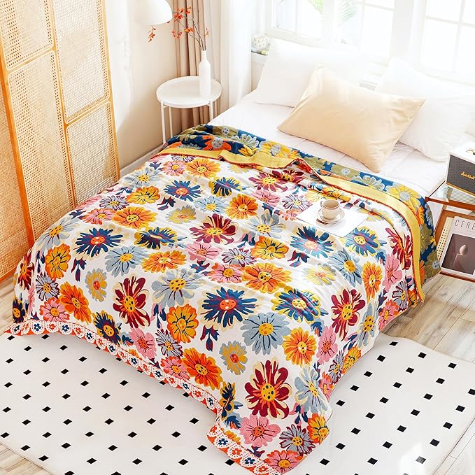MEJU Daisy Flower Colorful All Season Boho Reversible Rustic Farmhouse Blanket for Bed Sofa Couch 100% Combed Cotton 4 Layer Soft Warm Quick Dry Throw Blanket Bed Coverlet Sheet Twin 60 in x 80 in