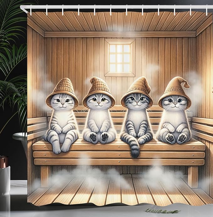 Ambesonne Cat Shower Curtain, Whimsical Scene with Happy Kittens with Funny Wizard Hats in Sauna, Cloth Fabric Bathroom Decor Set with Hooks, 69" W x 70" L, Pastel Brown and Pale Grey
