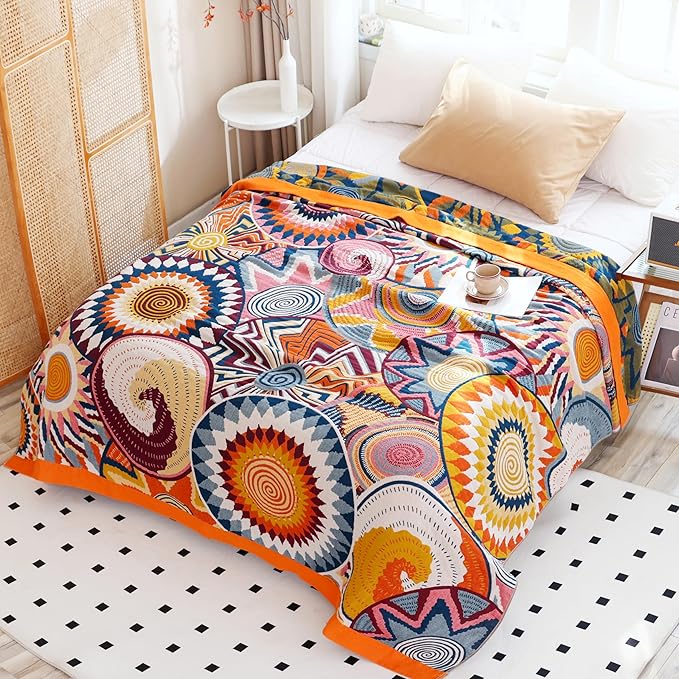 MEJU Geometry Colourful Sunshine Bright Sun & Star, Fire & Light Modern Muslin All Season Blanket for Bed Sofa Couch,100% Cotton 4 Layer Reversible Throw Blanket Bed Coverlet F/Q 80 in x 90 in