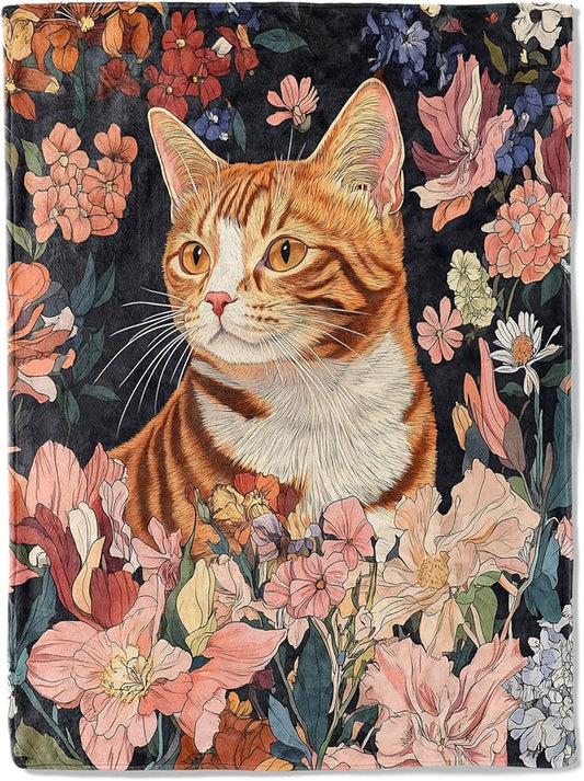 Aesthetic Floral Cat Blanket - Super Soft, Cozy, Lightweight Flannel Throw - Warm, Plush Blanket for Couch, Bed, Office, Travel, Outdoor Ideal Gift for Adult - 50×60in