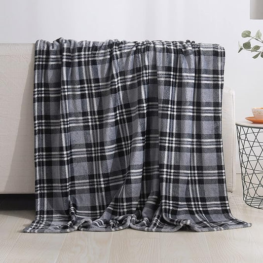 Elegant Comfort Velvet Touch Ultra Plush Christmas Holiday Printed Fleece Throw/Blanket-50 x 60inch, (Gray Plaid)