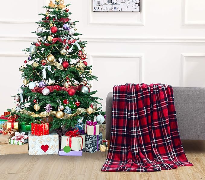 Elegant Comfort Luxury Velvet Super Soft Christmas Prints Fleece Blanket-Holiday Theme Home Décor Fuzzy Warm and Cozy Throws for Winter Bedding, Couch and Gift, 50 x 60 inch, Red Plaid