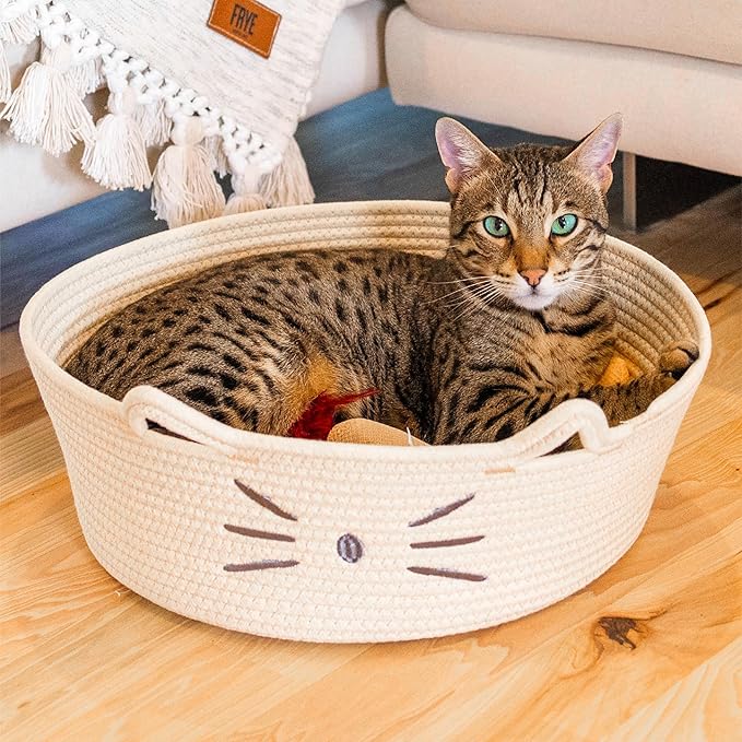 Catstages Bed & Basket Retreat 2-in-1 Cat Bed with Removable Cushion, Plush, Cotton Rope, White