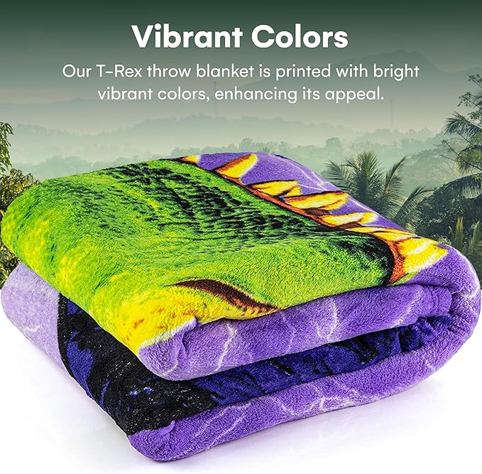 Dawhud Direct Dinosaur Blanket - T-Rex Fleece Throw for Kids and Adults, Plush Polyester, Vibrant Prehistoric Design, Cozy for Bedtime, Couch Cuddling, and Room Decor - Easy to Maintain - 50" x 60"