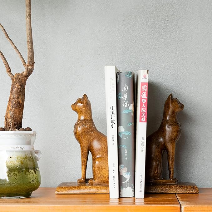 Book Ends Retro Cat Decorative Bookends, Vintage Antique Heavy Duty Egyptian Cat Hold Books Collectors, Black Decor for Office/Shelves/Living Room Father (Wood Grain)