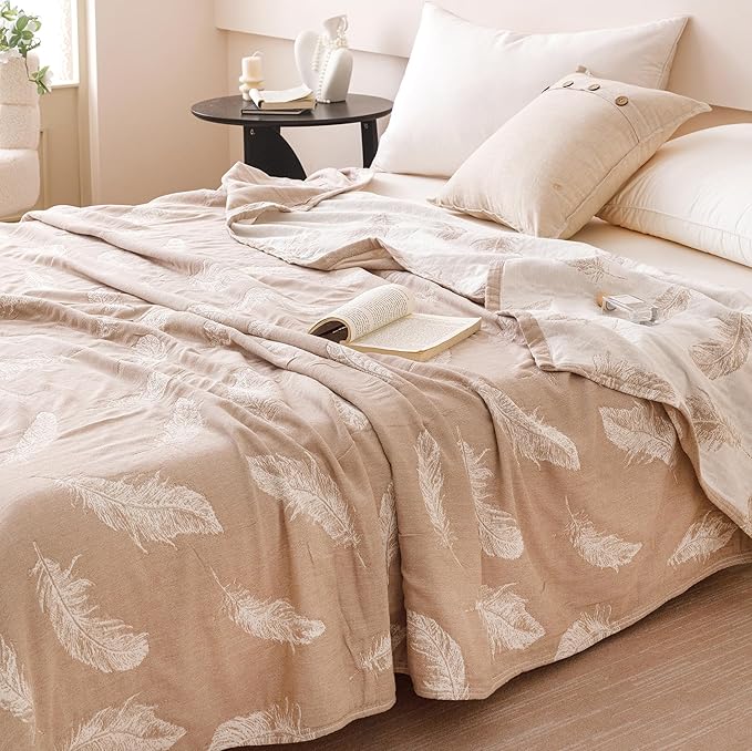 MEJU Feather Modern Fashion All Season Blanket Throw Decorative for Bed Sofa Couch 100% Cotton 3 Layer Soft Warm Reversible Bedspread Throw Blanket Bed Coverlet Sheet Grey F/Q 80 in x 90 in