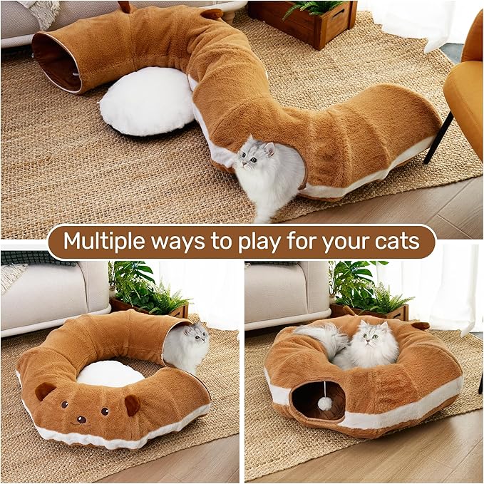 FUKUMARU Cat Tunnel Bed for Indoor Cats, Bagel Donuts Cat Tunnel Toys with Crinkle Paper Ears, Round Pet Play Tunnel Toy for Kitten and Rabbit, Cat Hideway Interactive Toys, Collapsible&Washable