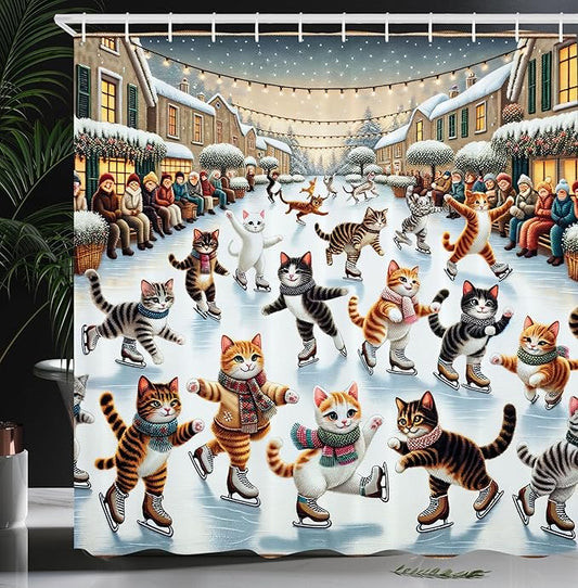 Ambesonne Cat Shower Curtain, Funny and Cheery Kitties Ice Skating Winter Happiness Funny Cartoon Xmas, Cloth Fabric Bathroom Decor Set with Hooks, 69" W x 75" L, Orange Brown Pale Blue