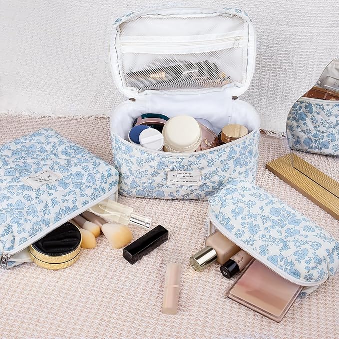 3PC Makeup Bag Set, Quilted Makeup Bag, Large Floral Cosmetic Bag for Women, Cute Cotton Makeup Bags, Flower Travel Toiletry Organizer Bag (light blue)
