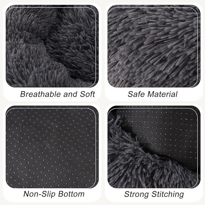 Calming Dog Bed, Dog Beds Fits up to 15 lbs Pets, Fluffy Donut Dog & Cat Bed Washable, Round Anti Anxiety Dog Bed, Small Dog Bed with Non-Slip Bottom (Dark Grey, 20" x 20")