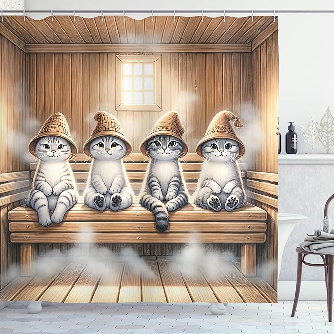 Ambesonne Cat Shower Curtain, Whimsical Scene with Happy Kittens with Funny Wizard Hats in Sauna, Cloth Fabric Bathroom Decor Set with Hooks, 69" W x 84" L, Pastel Brown and Pale Grey