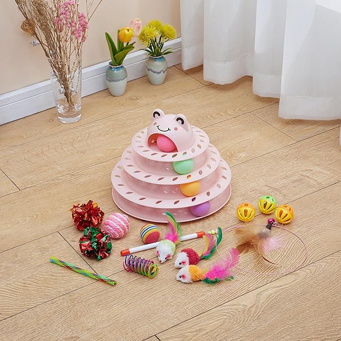 Suhaco Interactive Cat Toys for Indoor Cats Pack of 17 Fun Roller 4 Level Cat Tower with Cute Stickers Turntable Kittens Ball Teaser Toy (Pink 17Pcs)