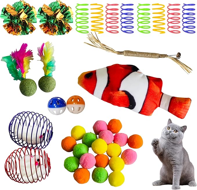 38Pcs Cat Toys,Plastic Springs,Catnip Fish,Plush Balls,Bell Balls,Mice cage Balls,Crinkle Balls,Catnip Balls,Silvervine and Mice Cat Toys,Bite,Hunt,Indoor Cat Toys