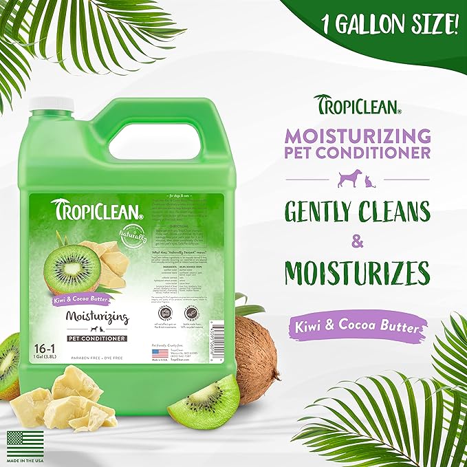 TropiClean Cat & Dog Conditioner, Puppy & Kitten Safe, Easy Detangling & Moisturizing, Kiwi & Coco Butter Scent, Made in the USA, 1 gallon