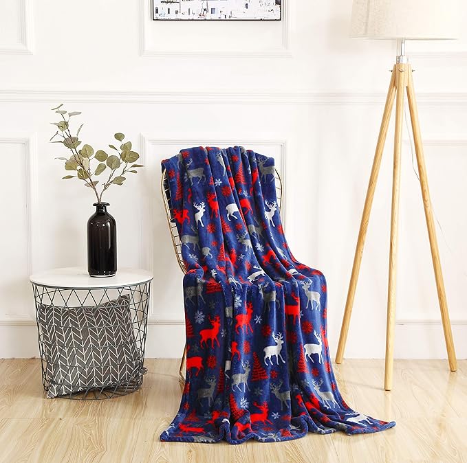 Elegant Comfort Velvet Touch Ultra Plush Christmas Holiday Printed Fleece Throw/Blanket-50 x 60inch, (Moose)
