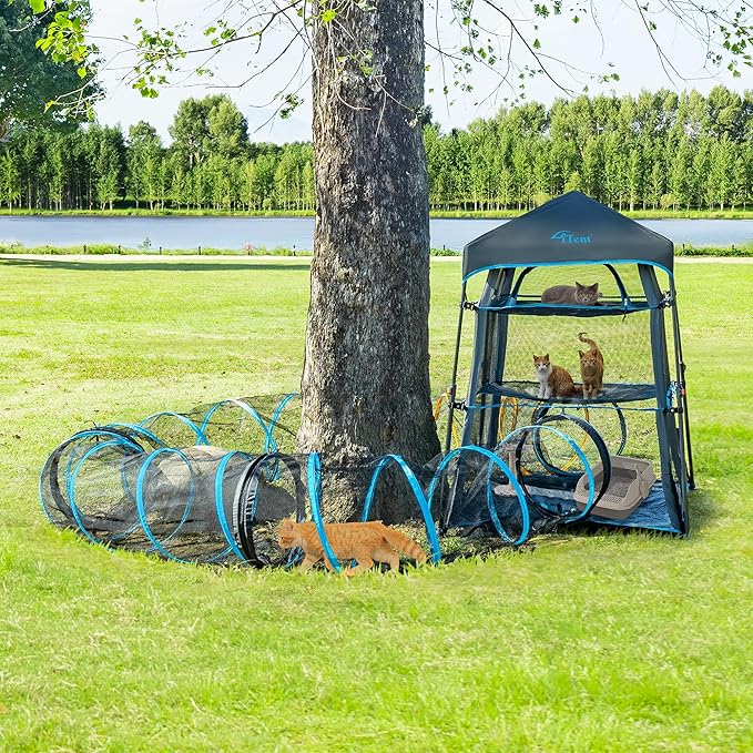 Cat Play Tunnel-3 Packs for Indoor and Outdoor,Cat Tunnel Outdoor,Cat Outdoor Enclosure, Cat Enclosures Easy to Connect with Two Zipper Doors,Product Size 59'' x 18'',3pcs /Set,Blue Trim
