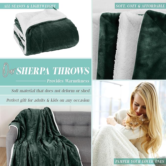 Elegant Comfort Reversible and Ultra-Plush Flannel Fleece Sherpa Throw- Lightweight Soft and Cozy- All Season Decorative Throw, Perfect for Lounging, 50 x 60 inches, Hunter Green