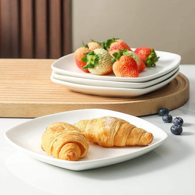 8 Pack Ceramic Appetizer & Dessert Plates, 7 inch White Square Dinner/Salad Plates for Snacks, Side Dishes, Casual Hosting, Dishwasher & Microwave Safe