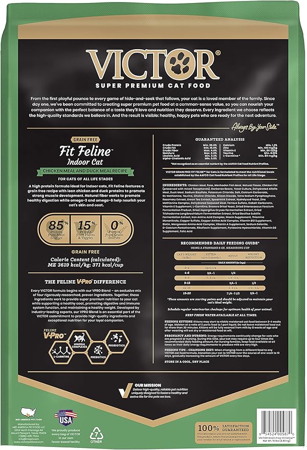 Victor Super Premium Cat Food – Grain Free Fit Feline - Dry Cat Food for Indoor Cats - for All Breeds and All Life Stages from Kitten to Adult, 15lb