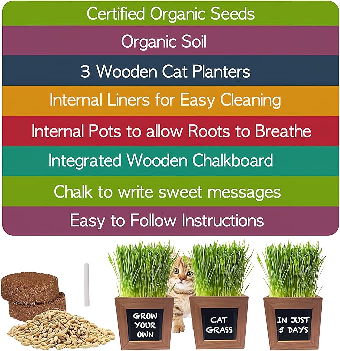 Organic Cat Grass Kit with 3 Rustic Wood Planters, Seeds and Soil. Easy to Grow for Indoor or Outdoor Cats, Dogs and Other Pets. 3 Planters to Continuous Growth of Kitty Grass.
