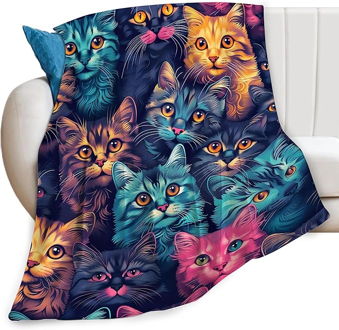 Funny Colorful Cat Print Blanket Cute Kawaii Kitty Animal Throw Blankets Gifts for Couch Sofa Bed Stuff Decor Soft Cozy Fleece Plush Warm Flannel Bedding for Lover Men Women 50"x60"