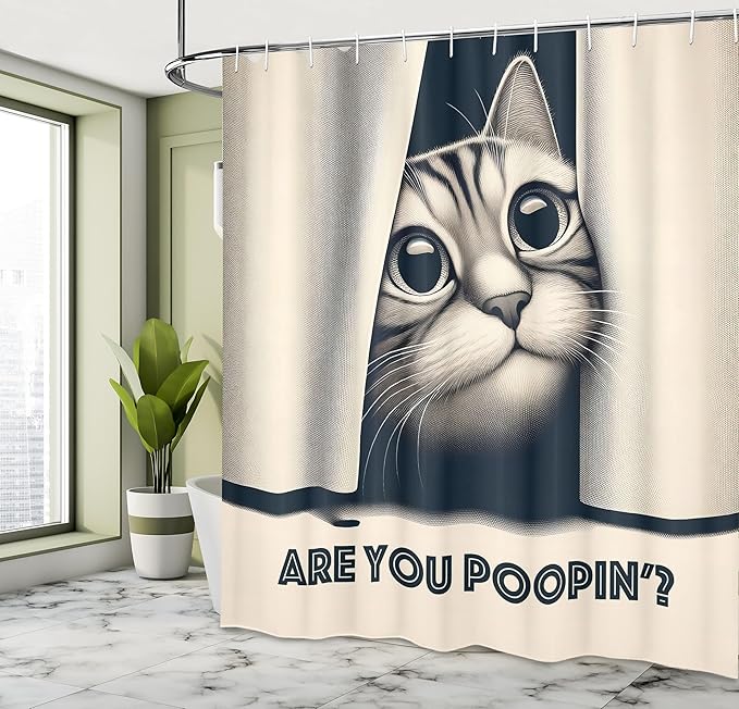 Ambesonne Cat Shower Curtain, are You Poopin' Curious Kitty Retro Effect Funny Whimsical Humorous Joke Concept, Cloth Fabric Bathroom Decor Set with Hooks, 69" W x 75" L, Dark Blue Ivory