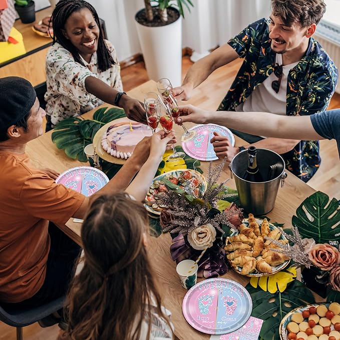 96 Pcs Gender Reveal Party Plates Napkins Forks Decorations Tableware Set Supplies Disposable Paper Boy or Girl Gender Footprint Favors, Serves 24 Guests