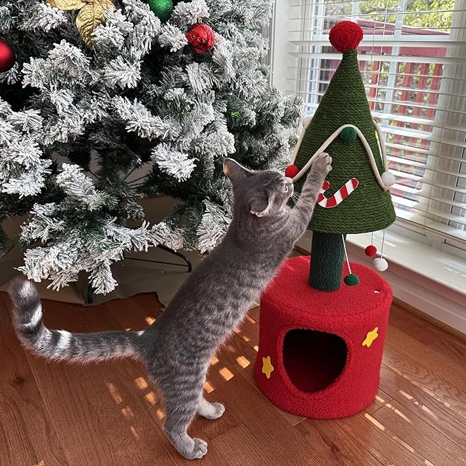 YITAHOME Cat Christmas Tree with Cat Scratching Post, 32 in Cute Cat Tree with Interactive Dangling Ball, Cat Tower for Indoor Cats with Small Cat Condos