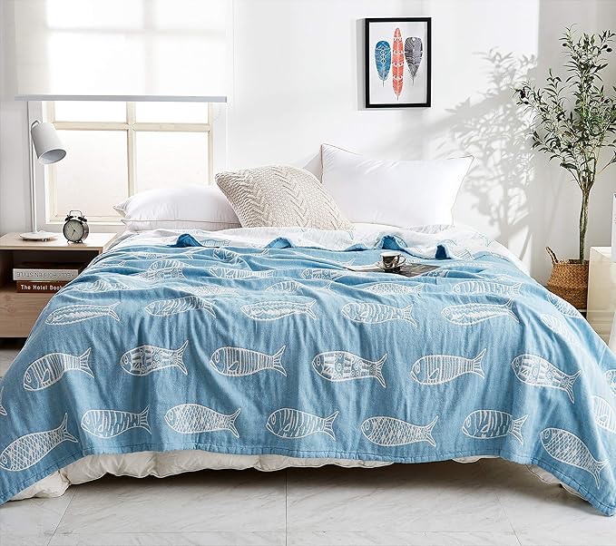 MEJU Fish Blue Muslin Lightweight Summer Blanket for Bed Sofa Couch 100% Combed Cotton 3 Layer Soft Warm Quick Dry Throw Blanket Bedspread Bed Coverlet Sheet Twin 60 in X 80 in