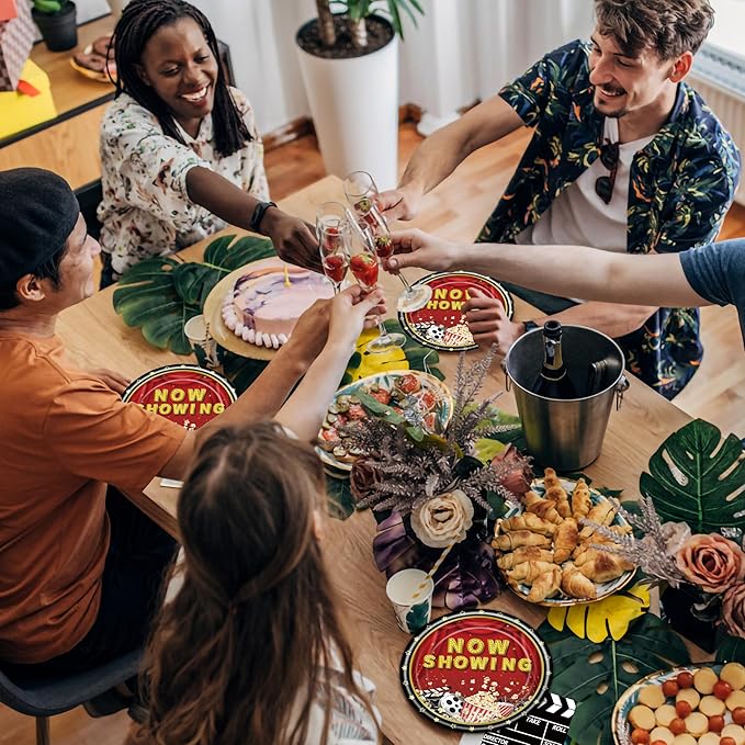 96 Pcs Movie Theme Party Plates Napkins Forks Decorations Tableware Set Supplies Disposable Paper Movie Night Popcorn Projection Tape Favors, Serves 24 Guests