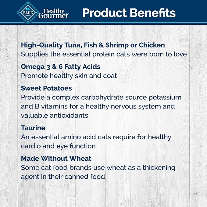 Blue Buffalo Healthy Gourmet Natural Adult Flaked Wet Cat Food Variety Pack Tuna, Chicken, Fish & Shrimp 3-Oz Cans (12 Count- 4 of Each Flavor)