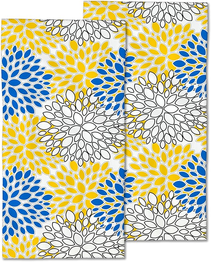 Dahlia Floral Hand Towel Set of 2,Blue and Yellow Abstract Art Face Washcloths Fingertip Kitchen Towels 28 x 14 Inch Soft Bath Dish Cloth for Bathroom Gym Hotel Salon Spa Sport