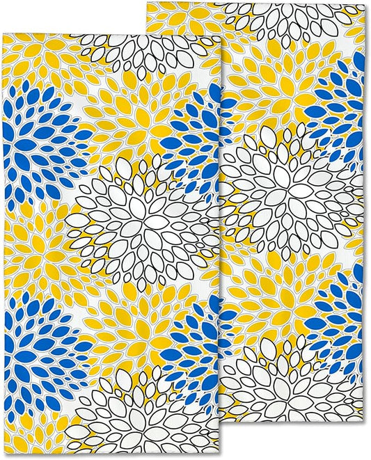 Dahlia Floral Hand Towel Set of 2,Blue and Yellow Abstract Art Face Washcloths Fingertip Kitchen Towels 28 x 14 Inch Soft Bath Dish Cloth for Bathroom Gym Hotel Salon Spa Sport