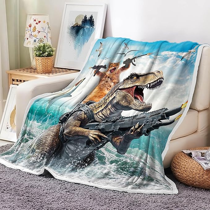 Funny Kids Fleece Throw Blanket for Couch, Sofa, Cool Cat Riding Cute Dinosaur Fighting on Ocean Hilarious Children Bed Travel Camping Blankets, Anime Throws Blankets for Cats Lovers