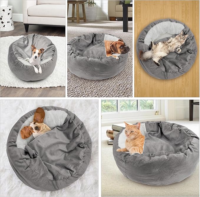 Dog Bed Warm with Hooded Blanket, Anti-Anxiety Puppy Pet Bed Cave Super Soft, Non-Slip Bottom, Machine Washable, Cozy Donut Indoor Pet Beds Fluffy for Dogs and Cats, Fits up to 33 lbs, 27.6 inch Grey
