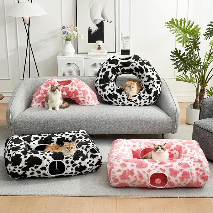 Cat Tunnel Bed for Indoor Cats - Cute Cat Donut Tunnel with Washable Circle Cushion, Round Pet Play Tunnel Toy for Kitten/Puppy/Rabbit,Pink