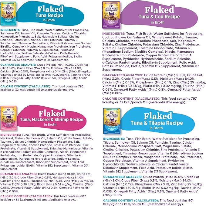 Wellness® Appetizing Entrées™ Flaked Favorites, Seafood Variety Pack, Natural Wet Cat Food, 1.4 oz Pouch (Pack of 8)
