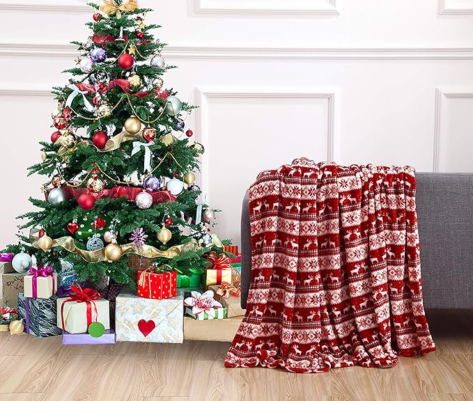 Elegant Comfort Velvet Touch Ultra Plush Christmas Holiday Printed Fleece Throw/Blanket-50 x 60inch, (Double Deer)