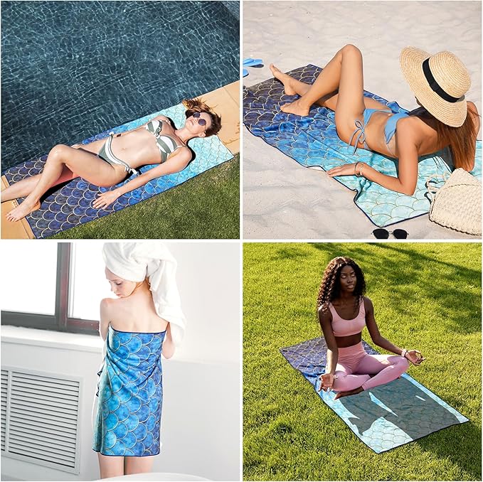 Ombre Blue Beach Towel, Mermaid Beach Tower Cotton Blend Soft Velour Beach Towel Absorbent Bath Towel for Kids Boys Girls Teens Men Women Camping Towel,Gym,Hiking, Pool, Bath, Yoga,Travel Vacation