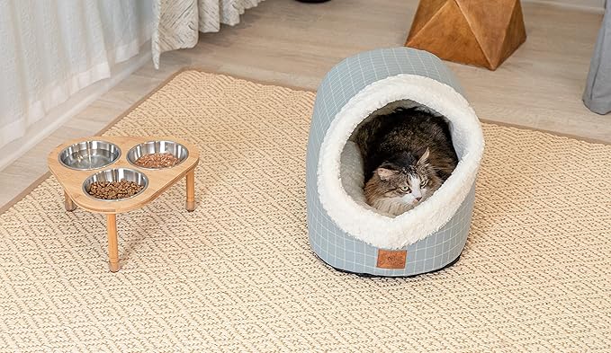 Cat Bed for Indoor Cats,Medium Large Cats Cave Bed,Machine Washable Slip Resistant Bottom,Ultra Soft Plush Cushion (Blue White Cave)