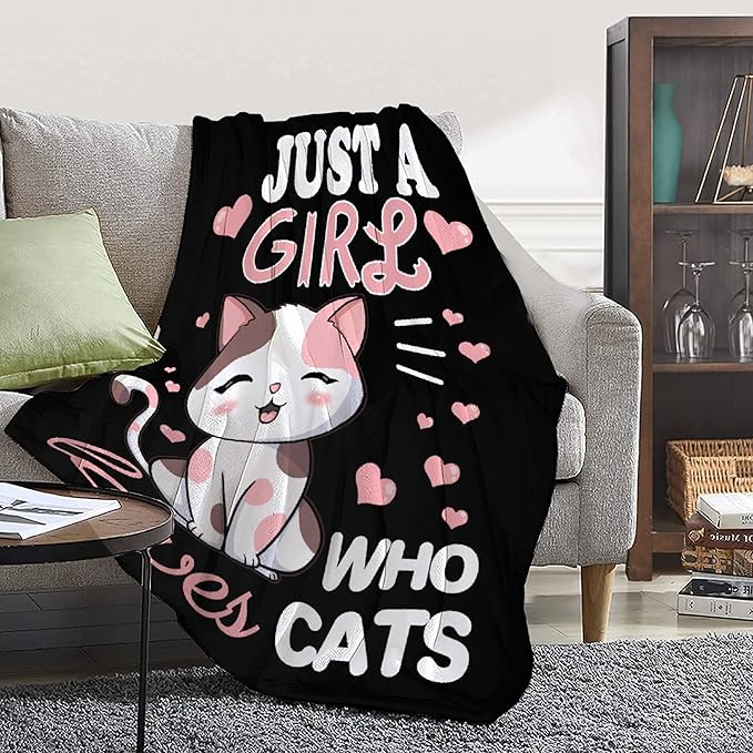 Cat Blanket Plush Gift for Kids Women Comfy Throw-Just A Girl Who Loves Cats-Soft Lightweight Kawaii Kitten Quilt Cozy Sheet Cute Animals Flannel Blankets for Halloween Couch Chair-40x50 Inches
