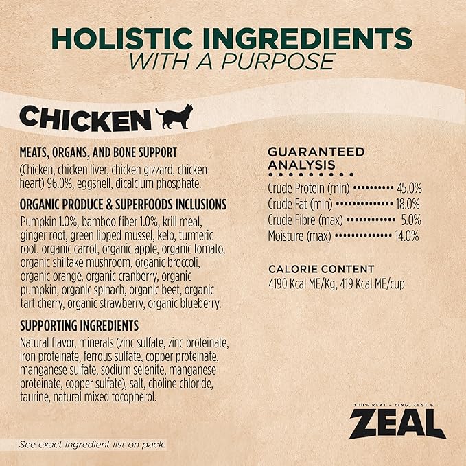 ZEAL Canada Air-Dried Chicken Recipe for Cats - High Protein, Natural Superfoods, Nutrient Rich, No Fillers, Grain Free, Complete & Balanced (Chicken, 14.1 oz)