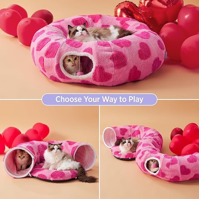 Lesure Cat Tunnel Bed for Indoor Cats - Cute Cat Donut Tunnel with Washable Circle Cushion, Round Pet Play Tunnel Toy for Kitten/Puppy/Rabbit, Pink Hearts
